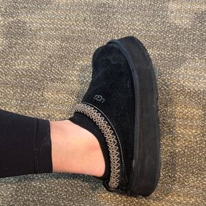 UGG Black Suede Mules with Tan Stitching